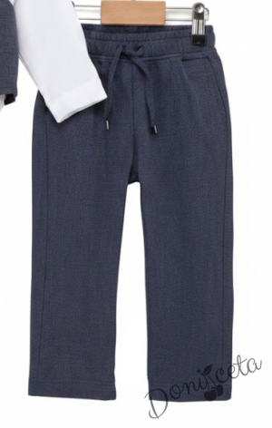 Бебешки спортно-елегантен комплект от боди-риза в бяло, панталон, елек и папийонка в тъмносиво