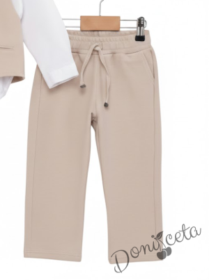 Бебешки спортно-елегантен комплект от панталон, елек и папийонка в бежово и  боди-риза в бяло