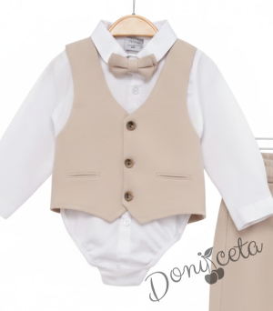 Бебешки спортно-елегантен комплект от панталон, елек и папийонка в бежово и  боди-риза в бяло