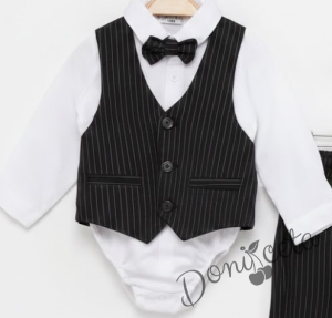 Бебешки спортно-елегантен комплект от панталон, елек и папийонка в кафяво на райе и боди-риза в бяло