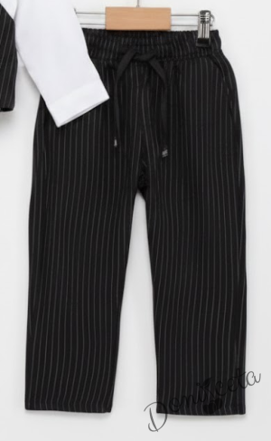 Бебешки спортно-елегантен комплект от панталон, елек и папийонка в кафяво на райе и боди-риза в бяло