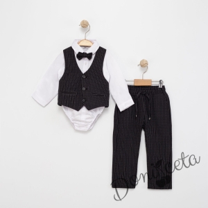 Бебешки спортно-елегантен комплект от панталон, елек и папийонка в кафяво на райе и боди-риза в бяло
