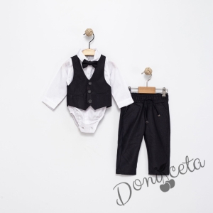 Бебешки спортно-елегантен комплект в черно от боди-риза в бяло, панталон, елек и папийонка