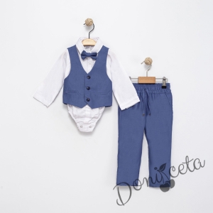 Бебешки спортно-елегантен комплект в синьо от боди-риза в бяло, панталон, елек и папийонка
