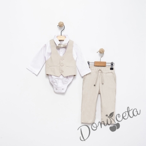 Бебешки спортно-елегантен комплект от боди-риза в бяло, панталон, елек и папийонка в екрю