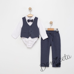 Бебешки спортно-елегантен комплект от боди-риза в бяло съчетано с  панталон, елек и папийонка в тъмносиньо