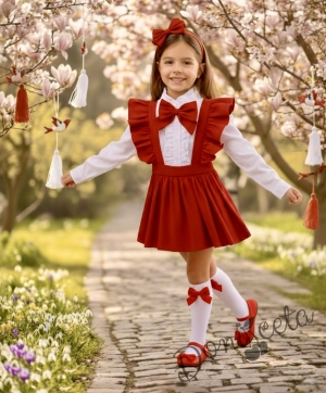 Комплект за момиче от 4 части- сукман от трико Гери в червено, риза в бяло с дълъг ръкав и къдрички, панделка в червено за ризаката и диадема