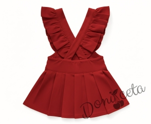 Комплект за момиче от 4 части- сукман от трико Гери в червено, риза в бяло с дълъг ръкав и къдрички, панделка в червено за ризаката и диадема