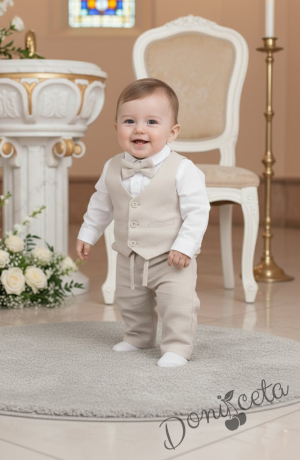 Бебешки спортно-елегантен комплект от боди-риза в бяло, панталон, елек и папийонка в екрю