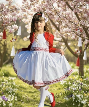 Комплект от детска народна носия-рокля без ръкав с фолклорни и етно мотиви и болеро в червено