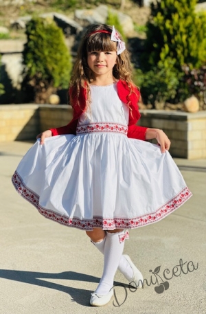 Комплект от детска народна носия-рокля без ръкав с фолклорни и етно мотиви и болеро в червено