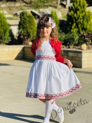 Комплект от детска народна носия-рокля без ръкав с фолклорни и етно мотиви и болеро в червено