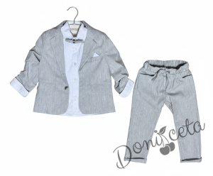 Официален летен костюм за момче в сиво от 4 части - сако, панталон, риза в бяло и папийонка