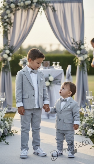 Официален летен костюм за момче в сиво от 4 части - сако, панталон, риза в бяло и папийонка