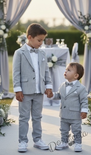 Официален летен костюм за момче в сиво от 4 части - сако, панталон, риза в бяло и папийонка