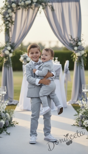 Официален летен костюм за момче в сиво от 4 части - сако, панталон, риза в бяло и папийонка