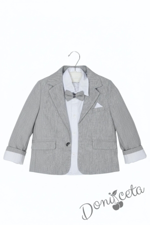 Официален летен костюм за момче в сиво от 4 части - сако, панталон, риза в бяло и папийонка