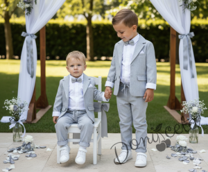 Официален летен костюм за момче в сиво от 4 части - сако, панталон, риза в бяло и папийонка