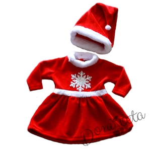 Коледна бебешка/детска плюшена рокля в червено със снежинка с шапка