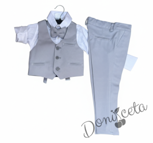 Официален елегантен комплект с елек в сиво за момче от 4 части елек, риза в бяло, панталон и папийонка 