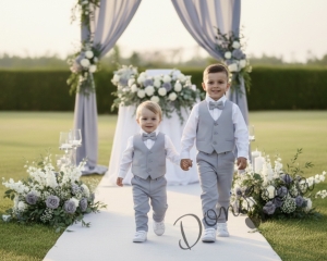 Официален елегантен комплект с елек в сиво за момче от 4 части елек, риза в бяло, панталон и папийонка 