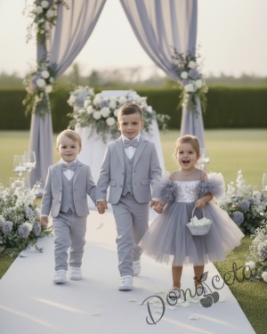 Официална детска рокля Блян с тюл, пайети в сребристо, помпони и панделка за коса