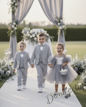 Официален сив костюм за момче от 5 части с риза, сако, елек, панталон и папийонка в сиво