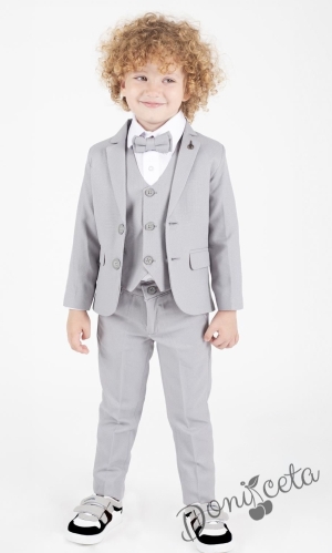Официален сив костюм за момче от 5 части с риза, сако, елек, панталон и папийонка в сиво
