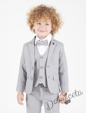 Официален сив костюм за момче от 5 части с риза, сако, елек, панталон и папийонка в сиво