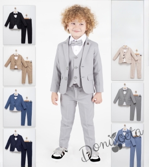 Официален сив костюм за момче от 5 части с риза, сако, елек, панталон и папийонка в сиво