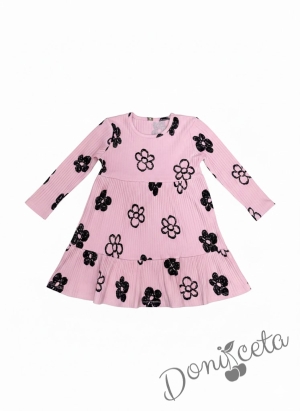 Рипсена детска рокля в розово с дълъг ръкав и цветчета 