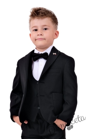 Елегантен официален костюм за момче от 5 части в черно със сако и елек