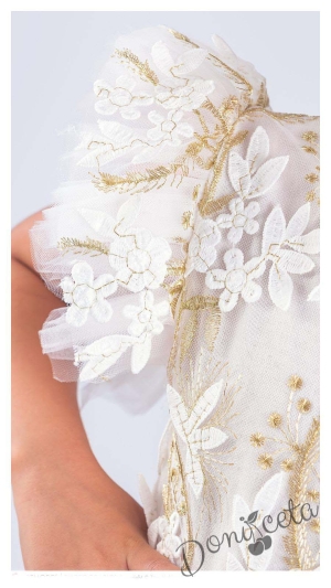 Детска официална рокля Шарлот в бяло 3D листа, с къс ръкав с тюл, и панделка за коса 256