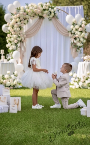 Детска официална рокля Шарлот в екрю 3D листа, с къс ръкав с тюл и панделка за коса