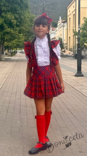 Детски сукман Гери в червено и каре с плисирана пола Карена