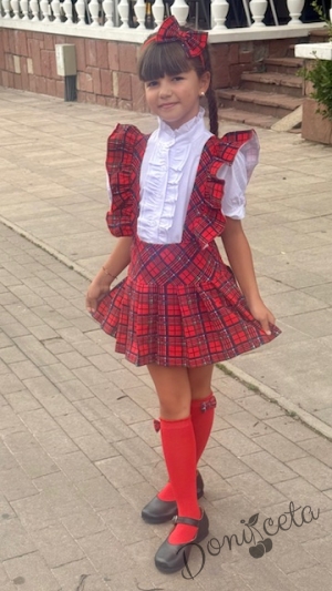 Детски сукман Гери в червено каре с плисирана пола22