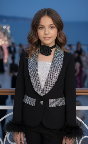 Елегантен детски комплект от 4 части в черно със сребристи камъчета с ефектен пух в краят на ръкавите, и аксесоар за врата 