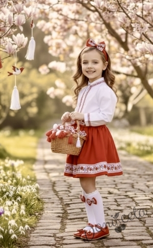 Комплект за момиче от 2 части- пола в червено и риза с дълъг ръкав и къдрици с фолклорни/етно мотиви 