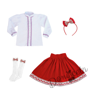 Комплект за момиче от 4 части-пола в червено, риза с дълъг ръкав и къдрици с фолклорни/етно мотиви, чорапи с панделка и диадема 1
