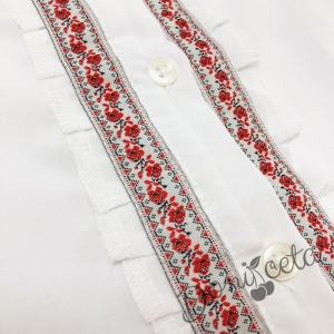 Комплект за момиче от 4 части-пола в червено, риза с дълъг ръкав и къдрици с фолклорни/етно мотиви, чорапи с панделка и диадема 2