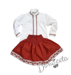 Детски комплект за момиче от 4 части-пола в червено, риза с дълъг ръкав и къдрици с фолклорни/етно мотиви, чорапи с панделка и диадема
