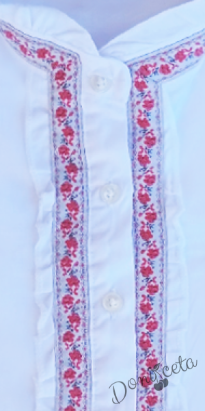 Детска риза за момиче с дълъг ръкав в бяло с фолклорни мотиви  2