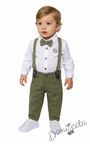 Бебешки официален  комплект от панталон в зелено, боди-ризка в бяло, тиранти и папийонка 