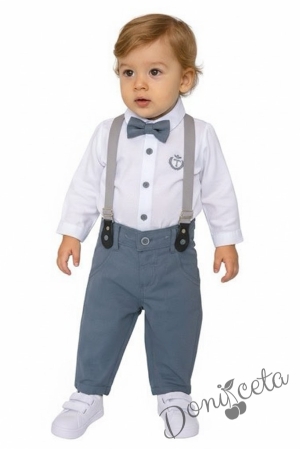 Бебешки официален  комплект от панталон в сиво, боди-ризка в бяло, тиранти и папийонка 