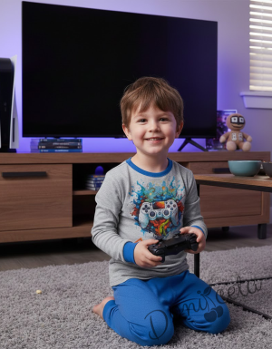 Детска пижама за момче в синьо и сиво с картинка на джойстик