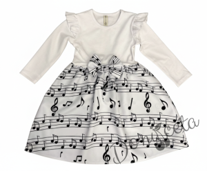 Детска рокля с дълъг ръкав в бяло с къдрички на ръкавите и ноти в долната част