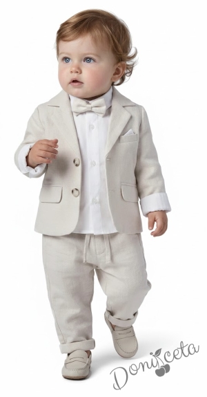 Бебешки комплект от 4 части за момче-сако в бежово, боди-риза в бяло и панталон в бежово с папийонка