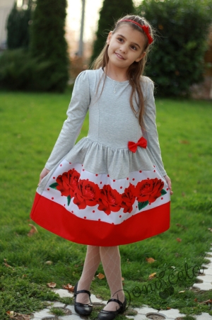 Детска рокля с дълъг ръкав  с божури в червено