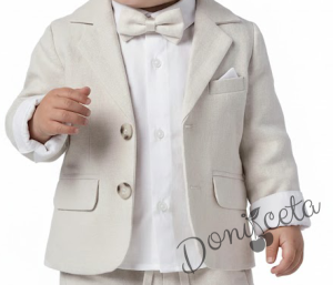 Бебешки комплект от 4 части за момче-сако в бежово, боди-риза в бяло и панталон в бежово с папийонка