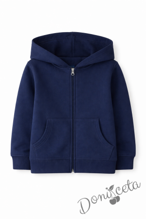 Ватиран детски суитшърт с цип и дълъг ръкав в тъмносиньо, подходящ за момче или момиче и за ученическа униформа